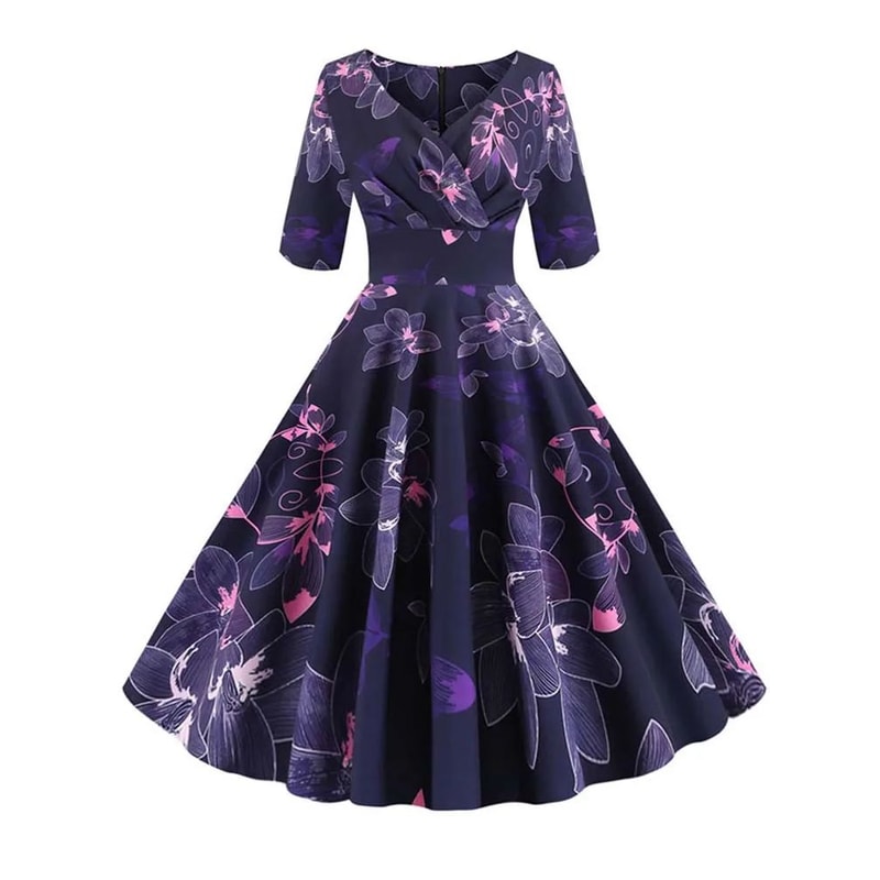 Vintage Floral ALine Summer Dress Half Sleeve Black Retro Party Dress For Women 2