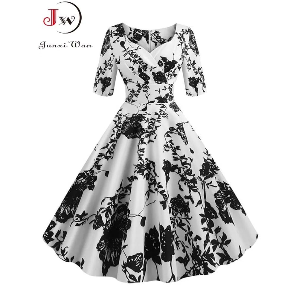 Vintage Floral ALine Summer Dress Half Sleeve Black Retro Party Dress For Women 3