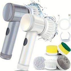 cordless electric spin scrubber with long handle & 5 brush heads for tile and grout cleaning