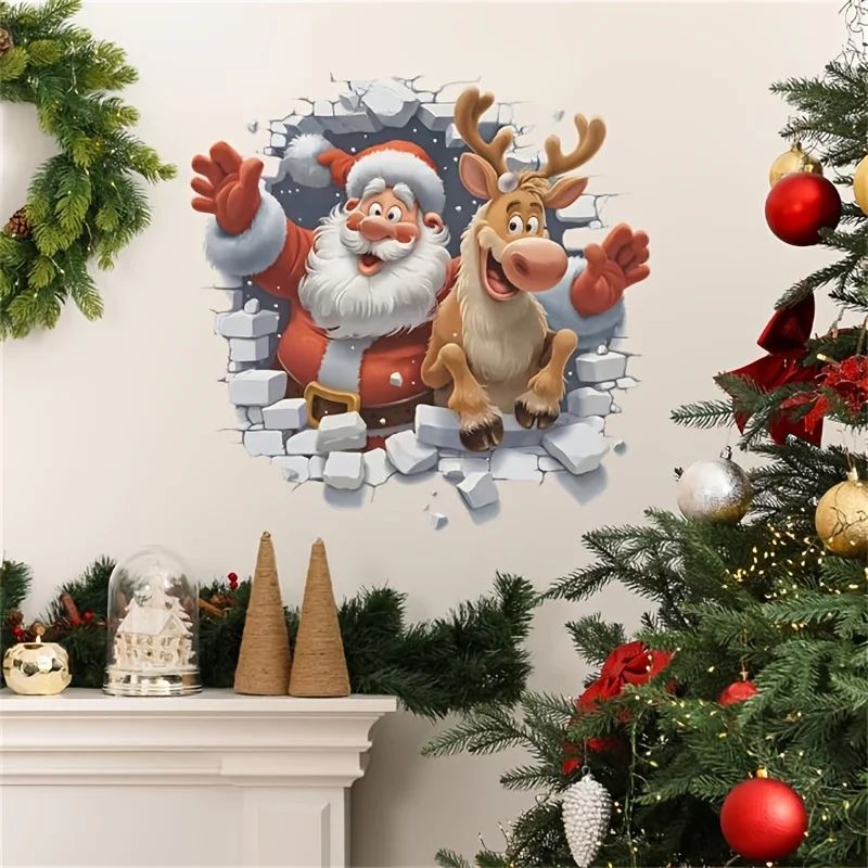 Festive 3D Santa Rudolf Christmas Wall Stickers Removable SelfAdhesive Holiday Window Wall Decal 0