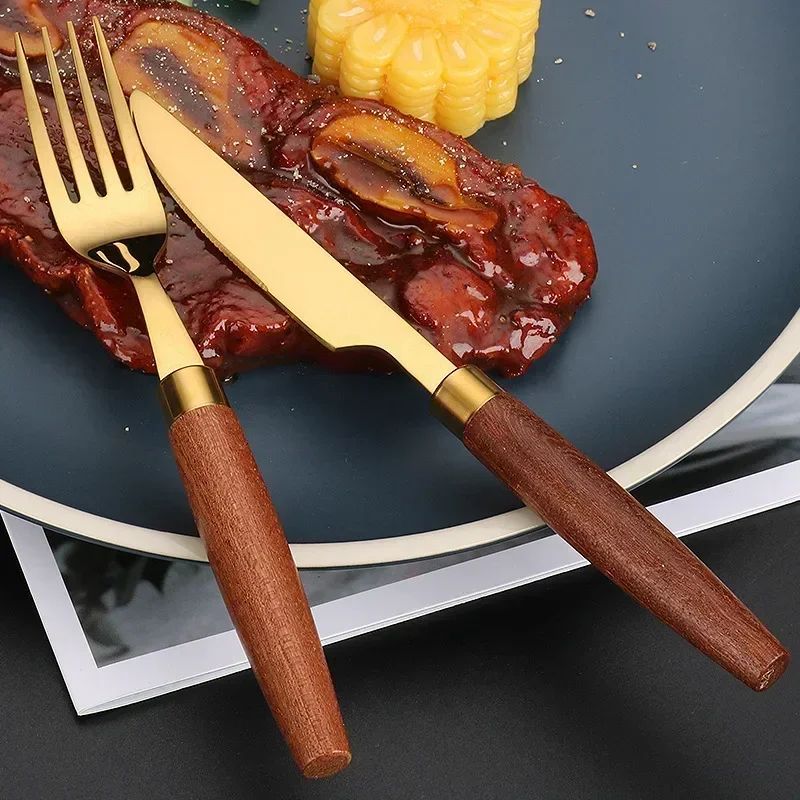 Sapele Wooden Handle Cutlery Set 4Piece Stainless Steel Flatware Collection 2
