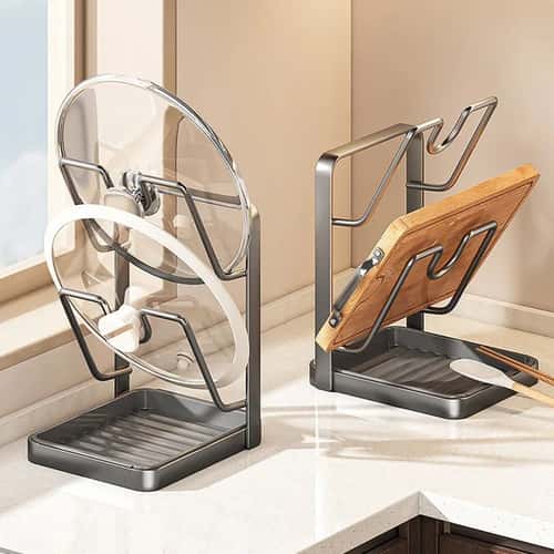 3-Tier Metal Pot Lid Organizer with Drainage Tray, No-Drill Pot Lid Rack for Countertop or Cabinet