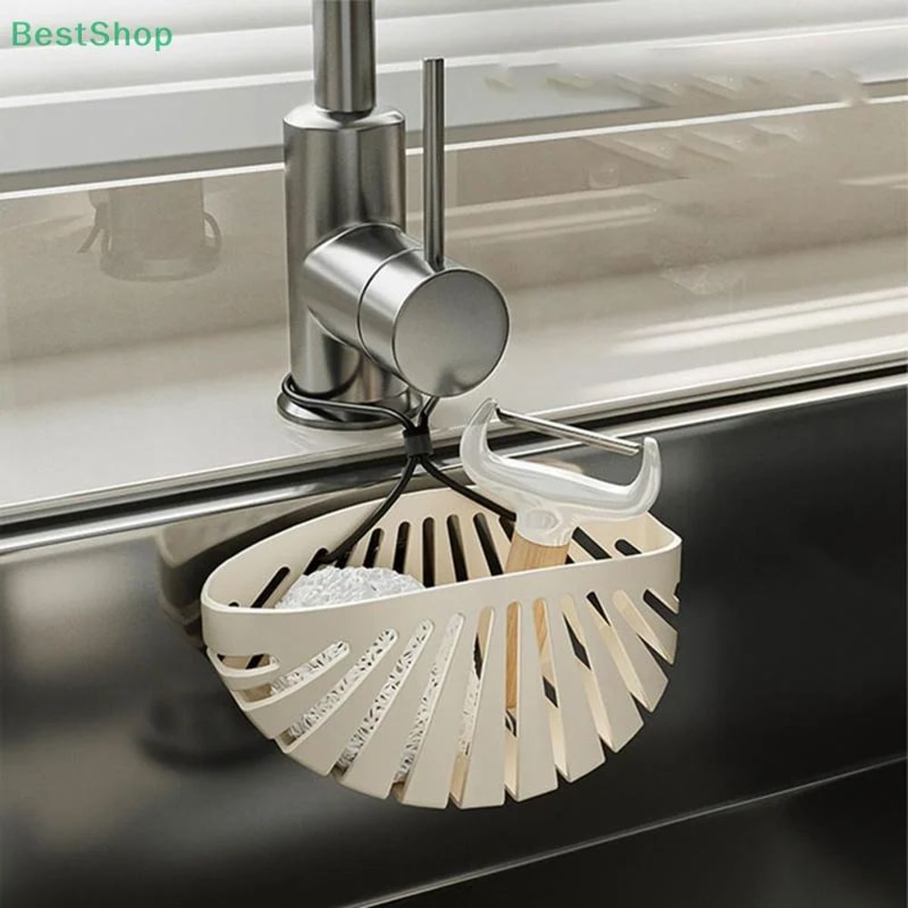 Cream Shell Sink Organizer DrillFree Faucet Drain Rack Hanging Storage Basket 0