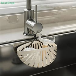 cream shell sink organizer – drill-free faucet drain rack hanging storage basket