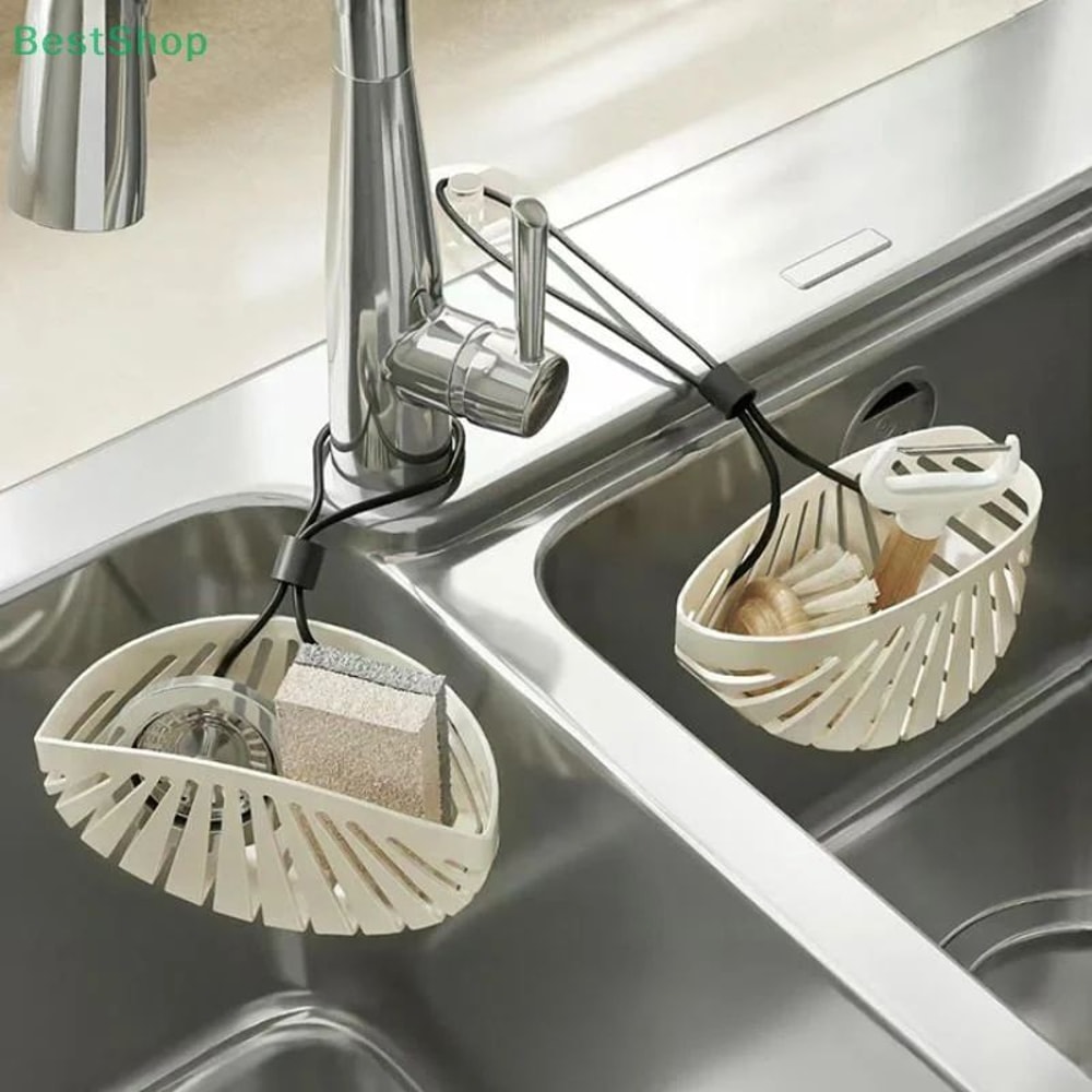 Cream Shell Sink Organizer DrillFree Faucet Drain Rack Hanging Storage Basket 2