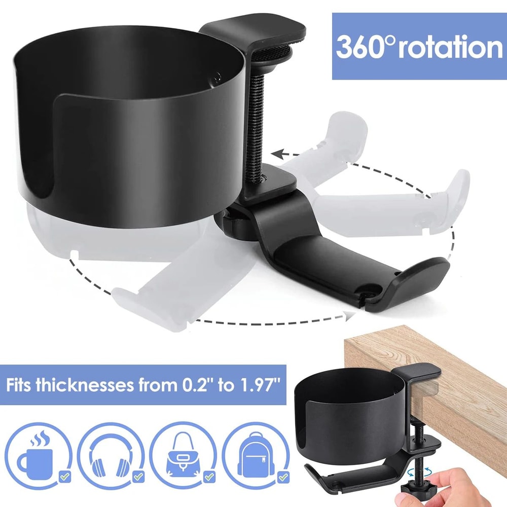 2in1 Desk Cup Holder With Headphone Hanger 360 Rotating ClampOn Organizer 1
