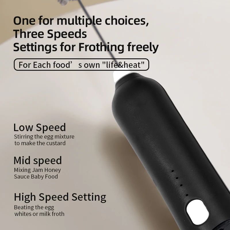 Rechargeable 3Speed Electric Milk Frother Egg Beater Handheld Coffee Foam Maker 3