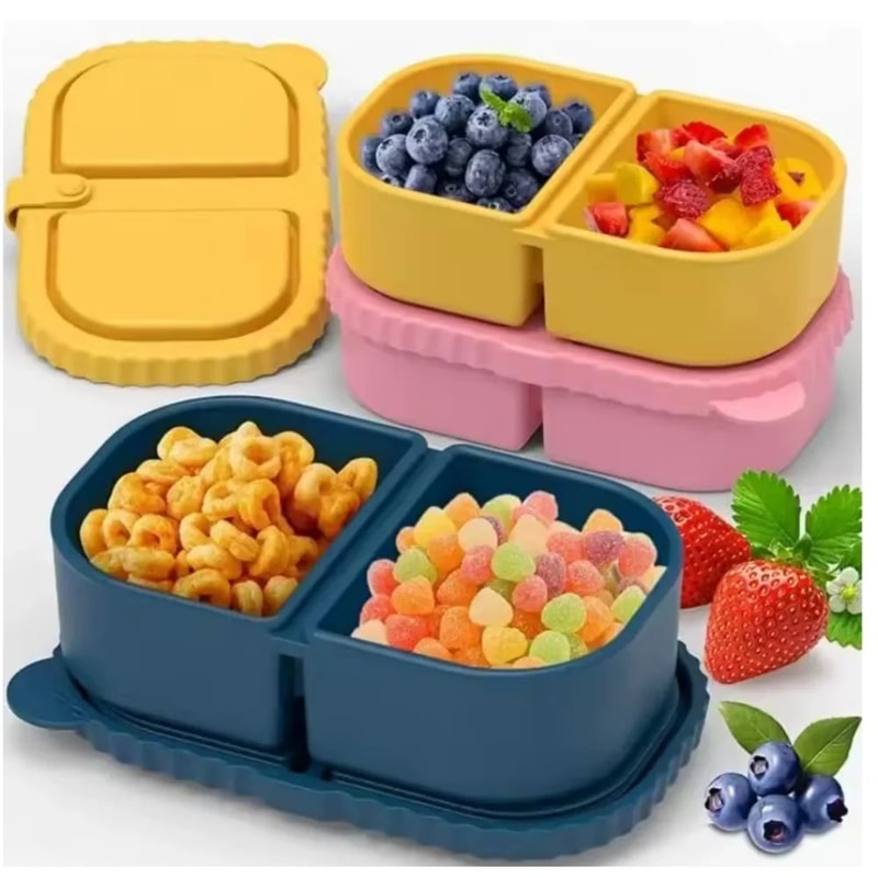 Premium Silicone Reusable Snack Containers With Double Compartment Leakproof Design 0