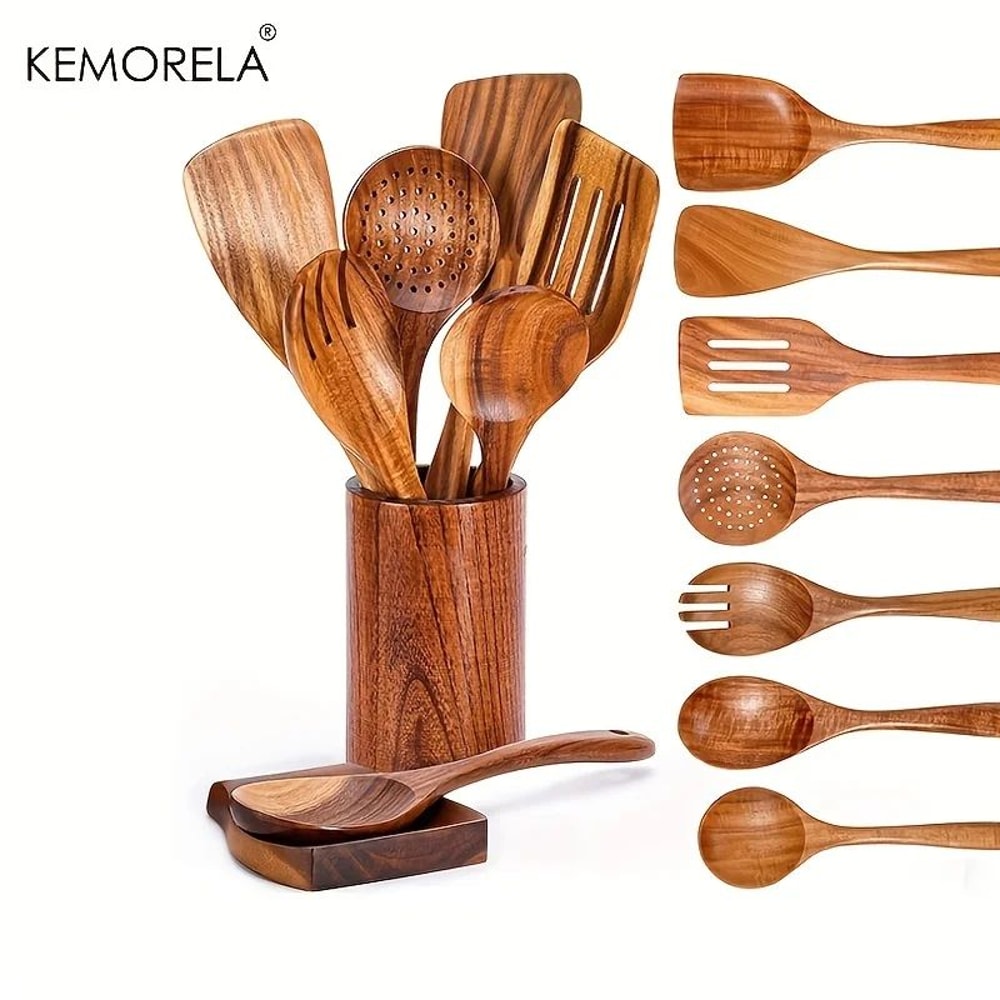 Premium Teak Wooden Kitchen Utensils Set With Holder 9Piece Wooden Cooking Spoon Set 0