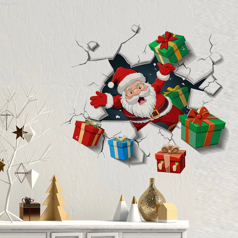 3D Santa Wall Sticker Christmas Wall Decal With Broken Wall Effect 3