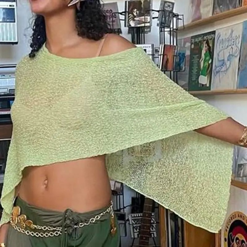 Coastal Breeze Knit Bikini Cover Up Off Shoulder Sheer Beach Cover Up Top With Irregular Hem 1