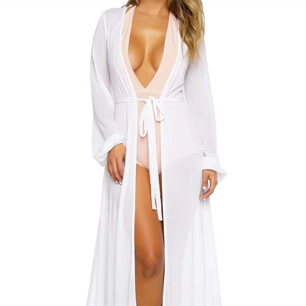 Sheer Chiffon Beach Cover Up Robe With Belt Long Kimono Cardigan For Swim Resort 9