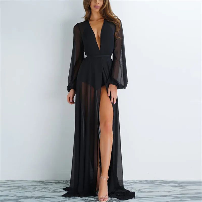 Sheer Chiffon Beach Cover Up Robe With Belt Long Kimono Cardigan For Swim Resort 7