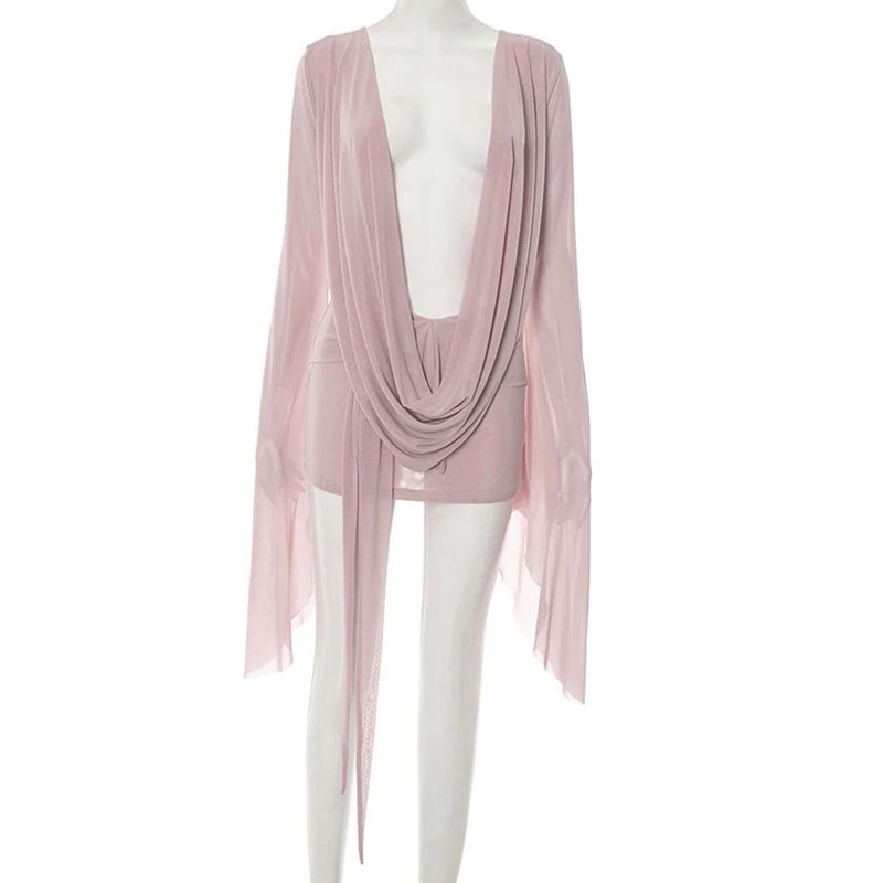 Blush Allure Ruched Sheer Mesh Mini Dress Flare Sleeve VNeck Beach Cover Up Night Out Dress 8