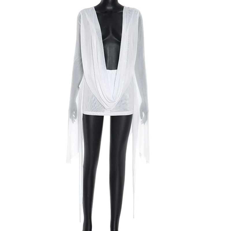 Blush Allure Ruched Sheer Mesh Mini Dress Flare Sleeve VNeck Beach Cover Up Night Out Dress 10