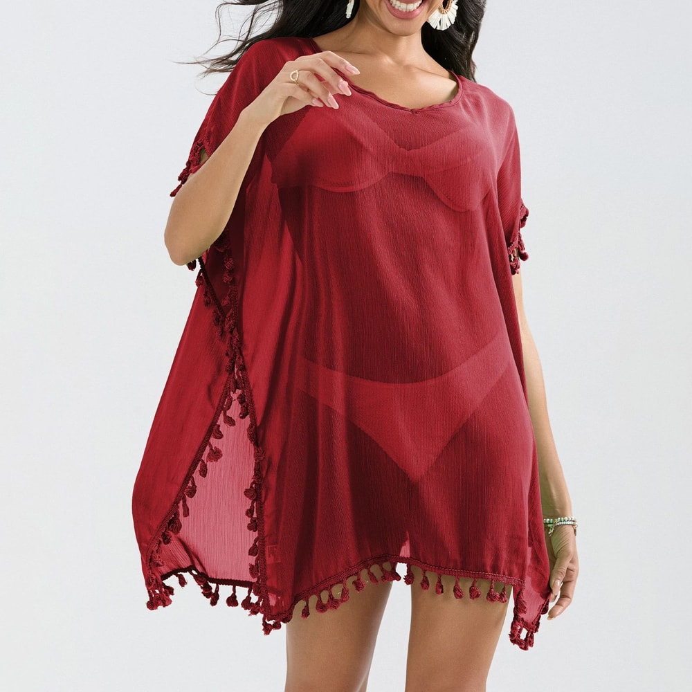 Coastal Breeze Tassel Trim Beach Cover Up Dress Sheer Mini Swimsuit Cover Up For Women 1