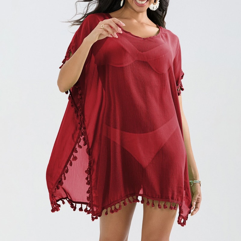Coastal Breeze Tassel Trim Beach Cover Up Dress Sheer Mini Swimsuit Cover Up For Women 1
