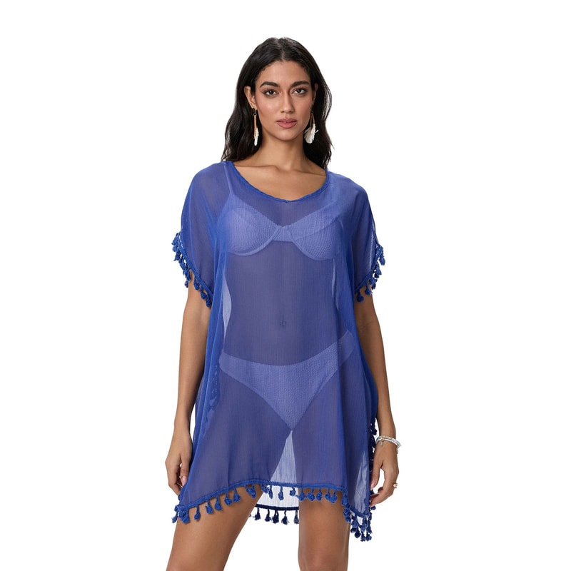 Coastal Breeze Tassel Trim Beach Cover Up Dress Sheer Mini Swimsuit Cover Up For Women 4