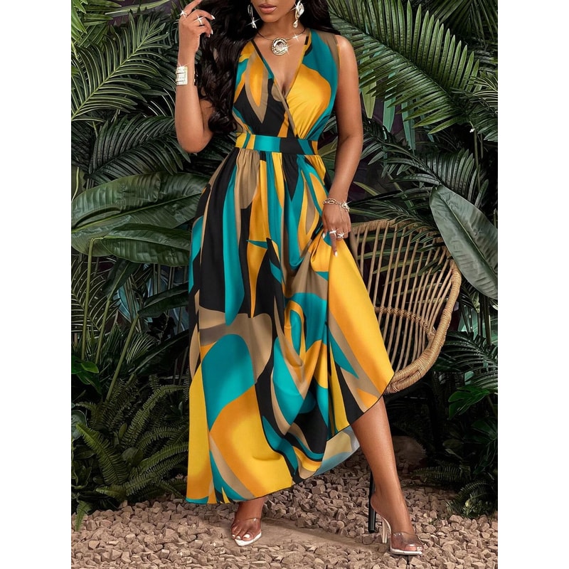 Tropical Print VNeck Fit And Flare Maxi Dress For Women 2