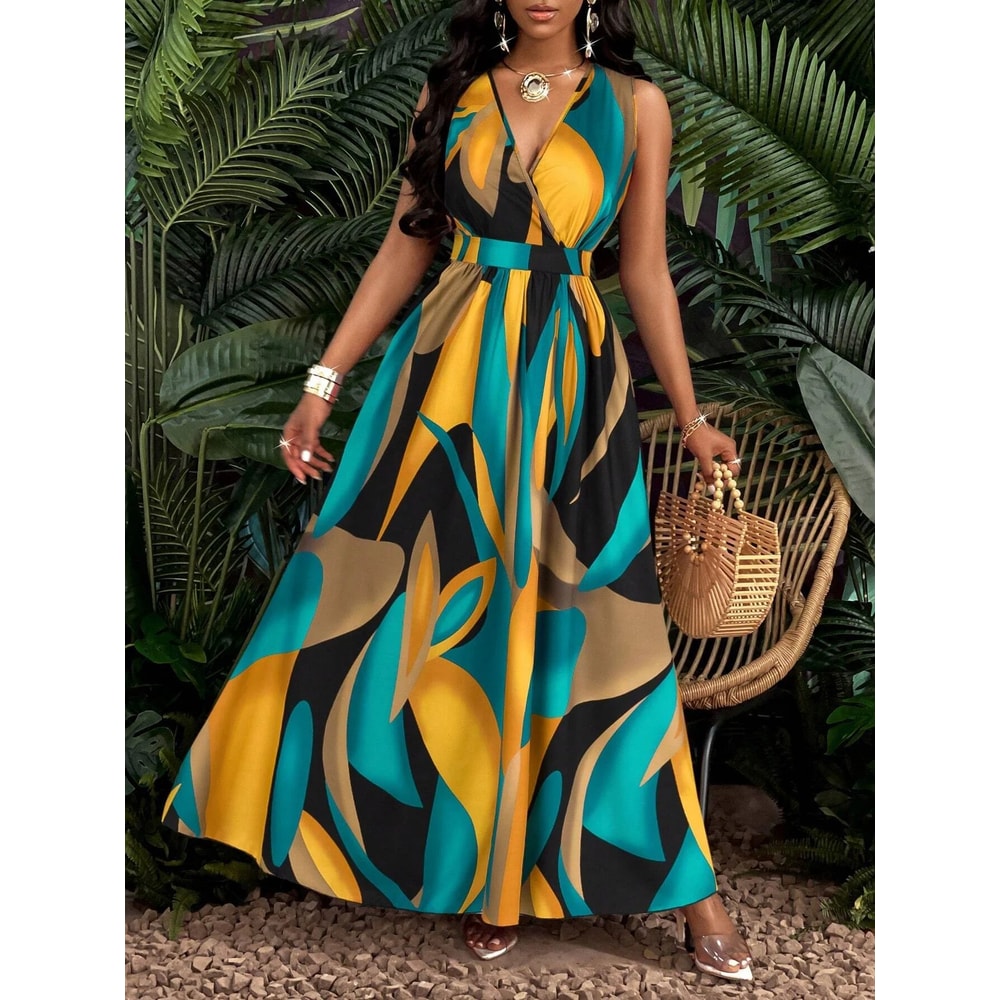 Tropical Print VNeck Fit And Flare Maxi Dress For Women 4