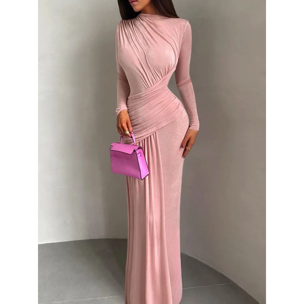 Elegant Pleated Waist Maxi Dress For Women Long Sleeve Autumn Evening Vacation Gown 2