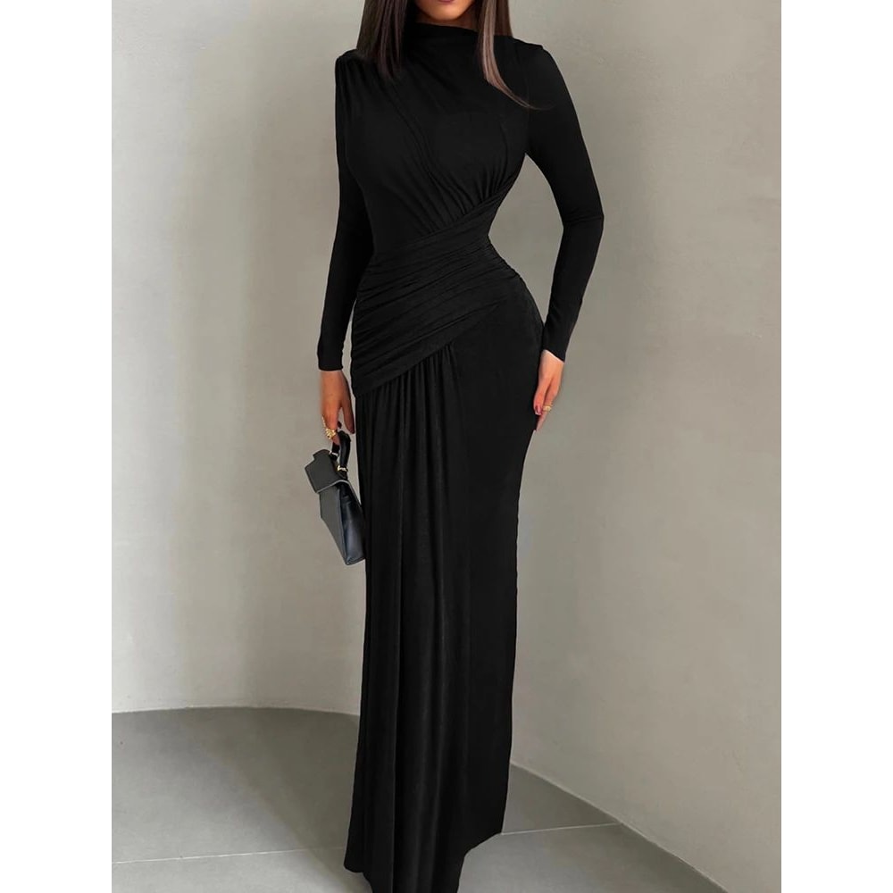 Elegant Pleated Waist Maxi Dress For Women Long Sleeve Autumn Evening Vacation Gown 0