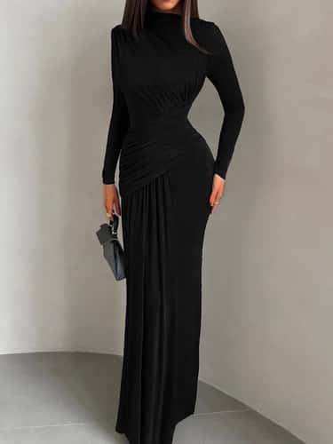 Elegant Pleated Waist Maxi Dress for Women – Long Sleeve Autumn Evening & Vacation Gown