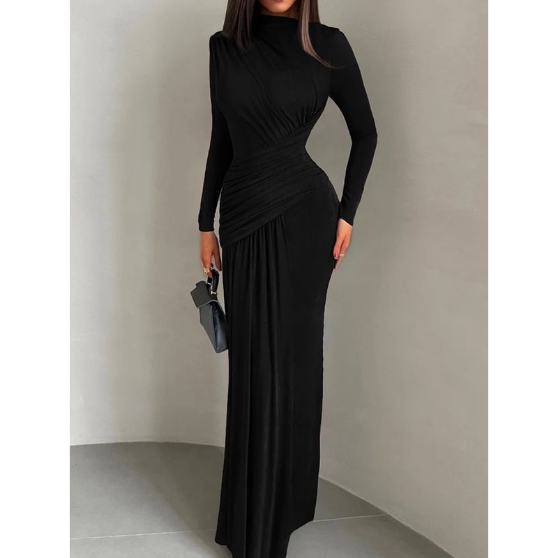 Elegant Pleated Waist Maxi Dress For Women Long Sleeve Autumn Evening Vacation Gown 0