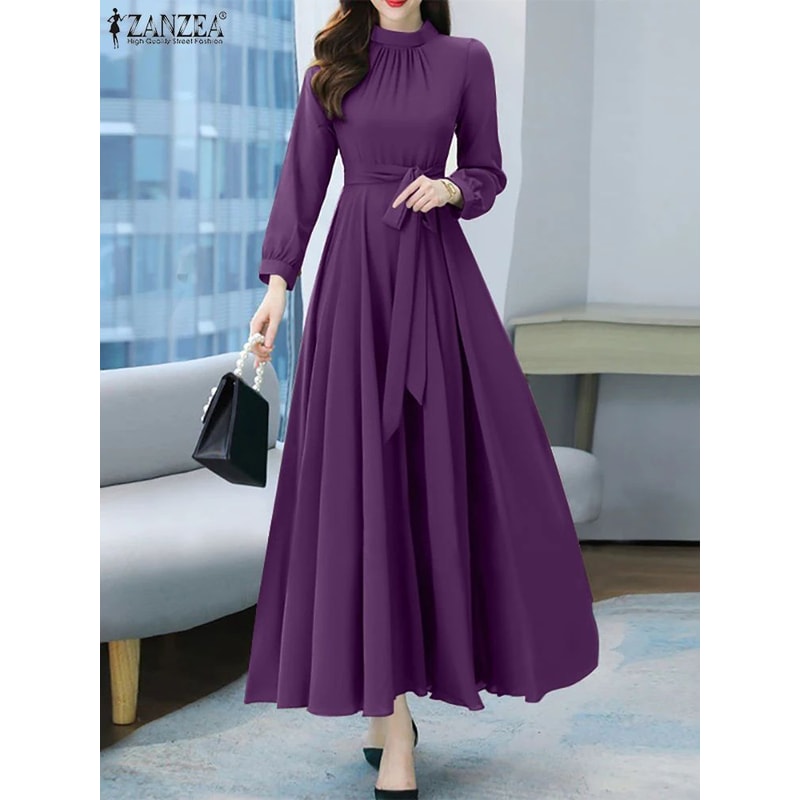 ZANZEA Vintage ALine Maxi Dress Long Sleeve Boho Sundress For Spring Fall 0