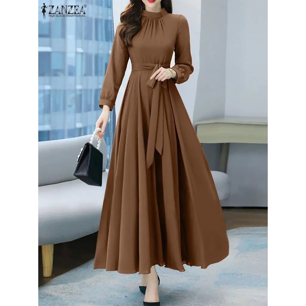 ZANZEA Vintage ALine Maxi Dress Long Sleeve Boho Sundress For Spring Fall 2