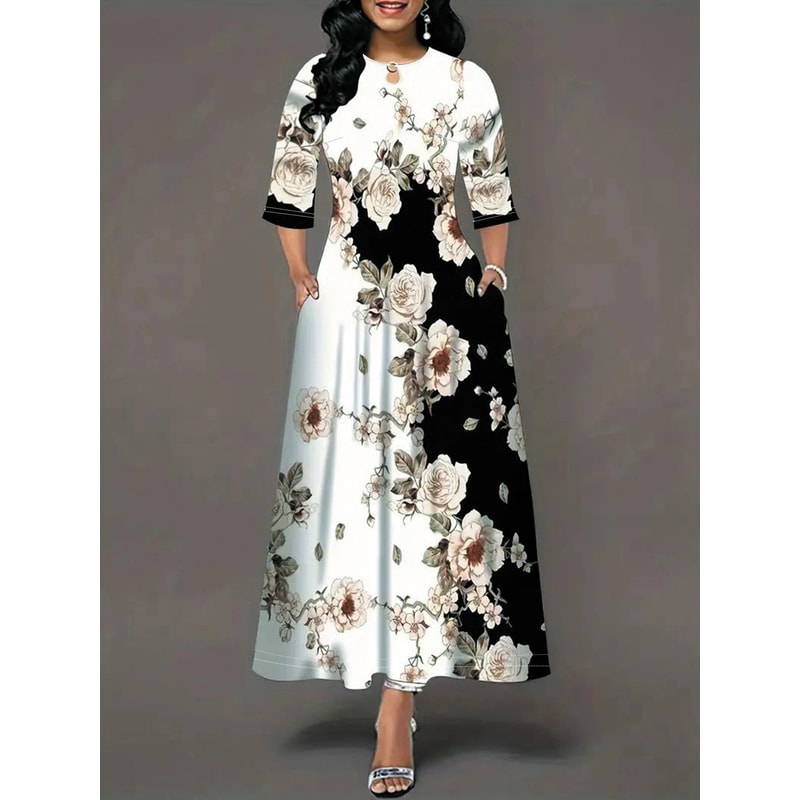 FlowEase Plus Size Printed Maxi Dress With Pockets 0