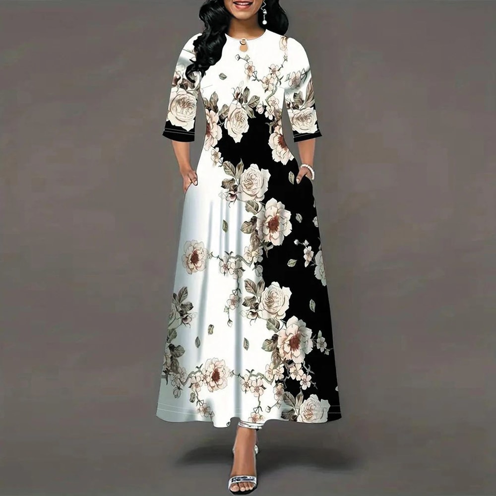 FlowEase Plus Size Printed Maxi Dress With Pockets 2