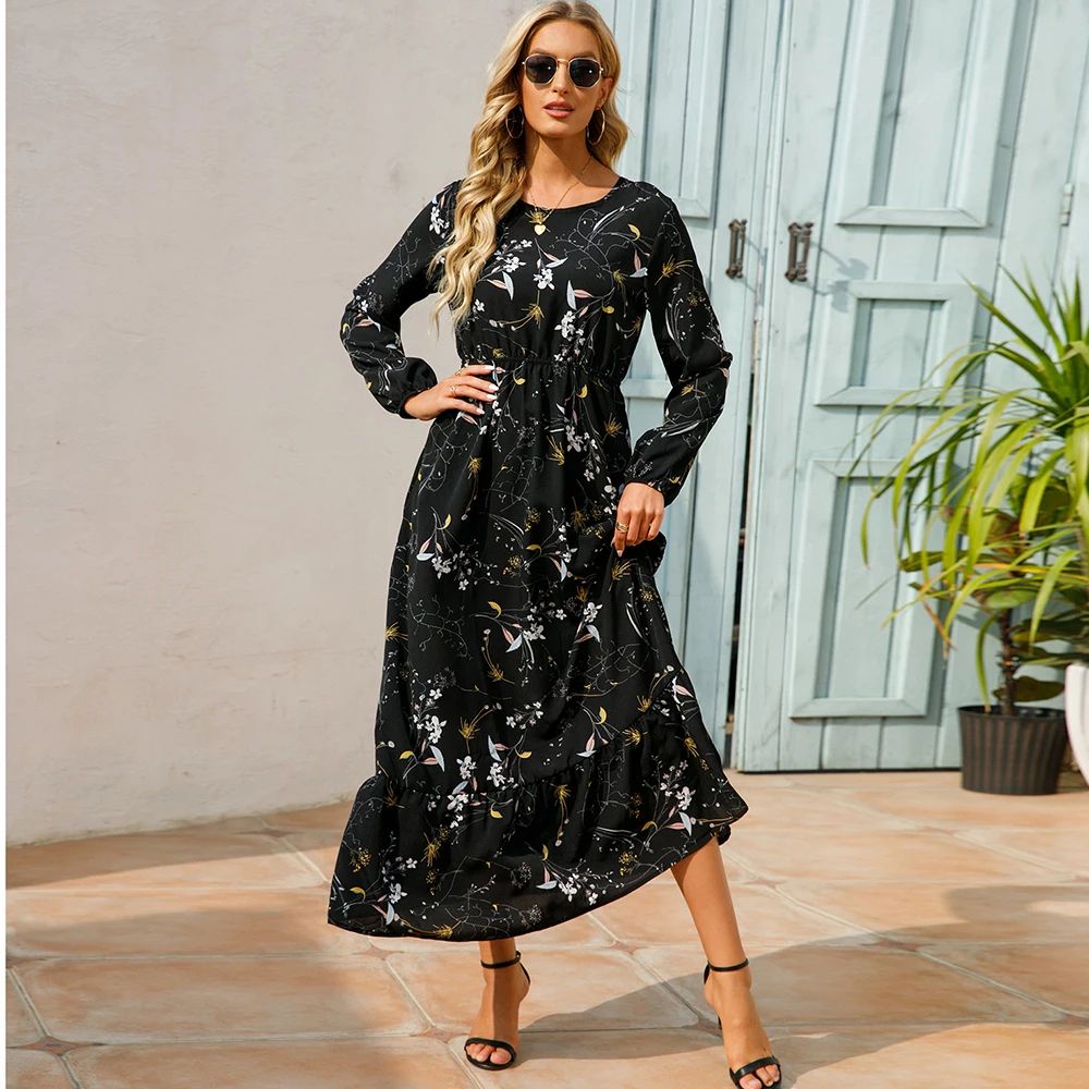 Bohemian Chic Boho Maxi Dress Floral Chiffon Beach Dress With Long Sleeves High Waist 0
