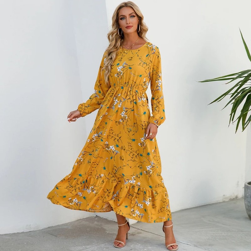 Bohemian Chic Boho Maxi Dress Floral Chiffon Beach Dress With Long Sleeves High Waist 1