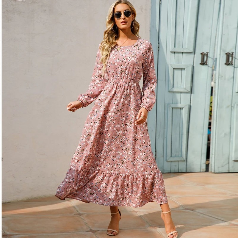 Bohemian Chic Boho Maxi Dress Floral Chiffon Beach Dress With Long Sleeves High Waist 11