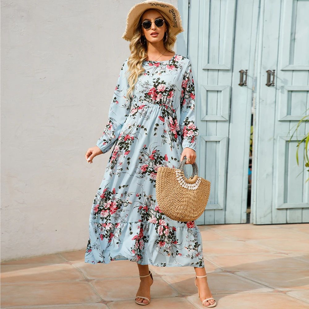 Bohemian Chic Boho Maxi Dress Floral Chiffon Beach Dress With Long Sleeves High Waist 13
