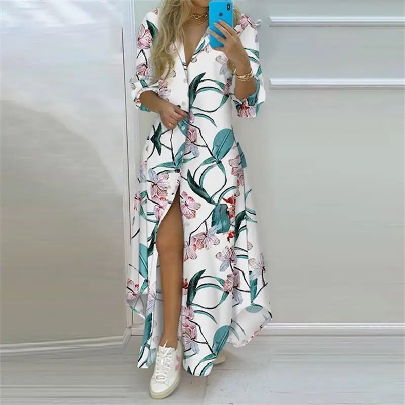 Boho Floral Maxi Shirt Dress Elegant Long Sleeve Summer Shirt Dress For Women 5