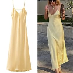 sunlit grace yellow satin v-neck maxi dress – elegant sleeveless summer party dress