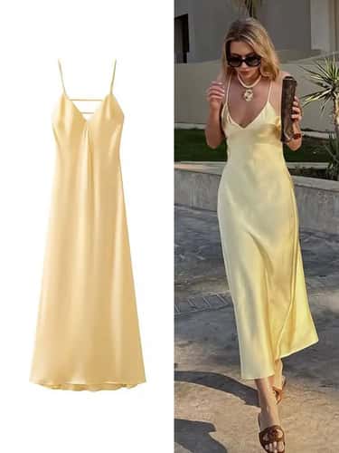 Sunlit Grace Yellow Satin V-Neck Maxi Dress – Elegant Sleeveless Summer Party Dress
