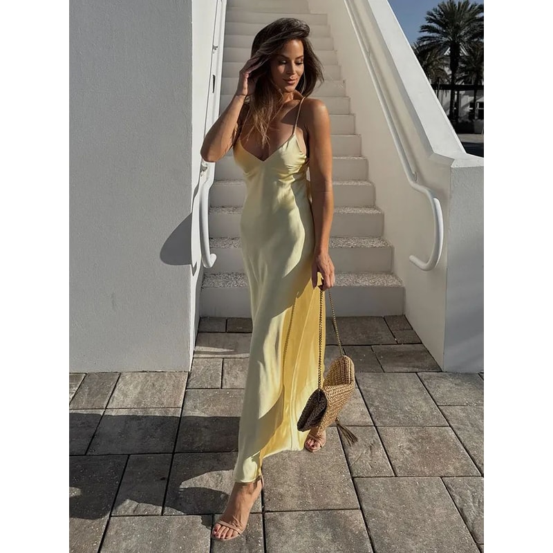 Sunlit Grace Yellow Satin VNeck Maxi Dress Elegant Sleeveless Summer Party Dress 2
