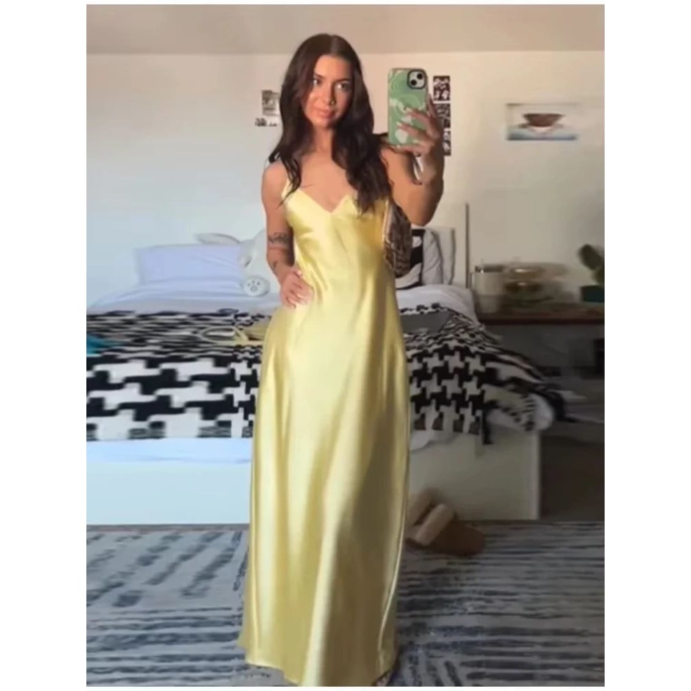 Sunlit Grace Yellow Satin VNeck Maxi Dress Elegant Sleeveless Summer Party Dress 4