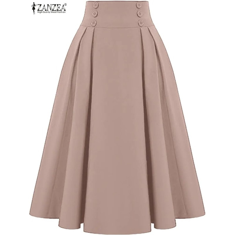 ZANZEA Vintage HighWaisted Pleated ALine Maxi Skirt Elegant Solid Long Summer Skirt 0