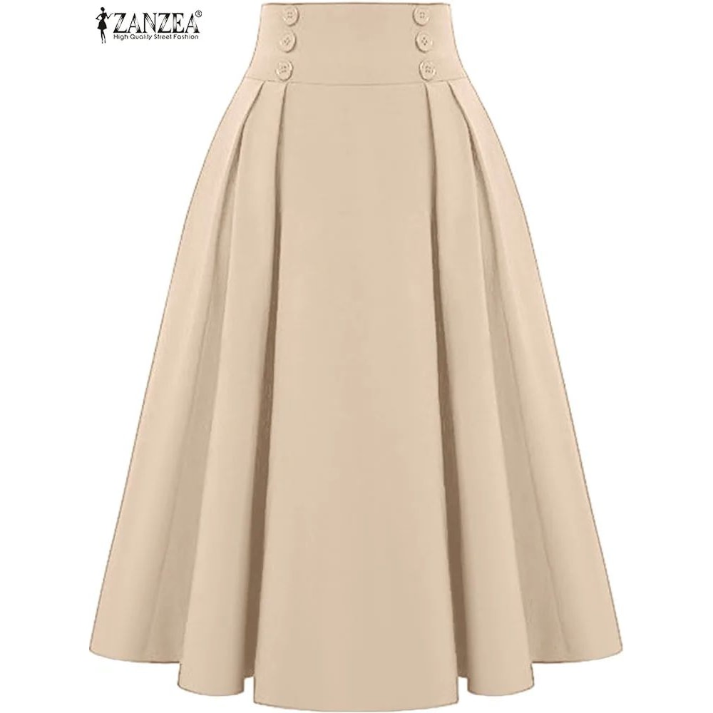 ZANZEA Vintage HighWaisted Pleated ALine Maxi Skirt Elegant Solid Long Summer Skirt 1