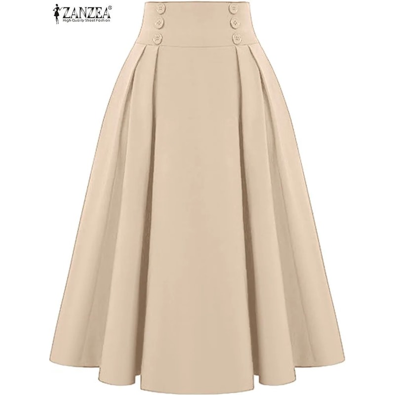 ZANZEA Vintage HighWaisted Pleated ALine Maxi Skirt Elegant Solid Long Summer Skirt 1