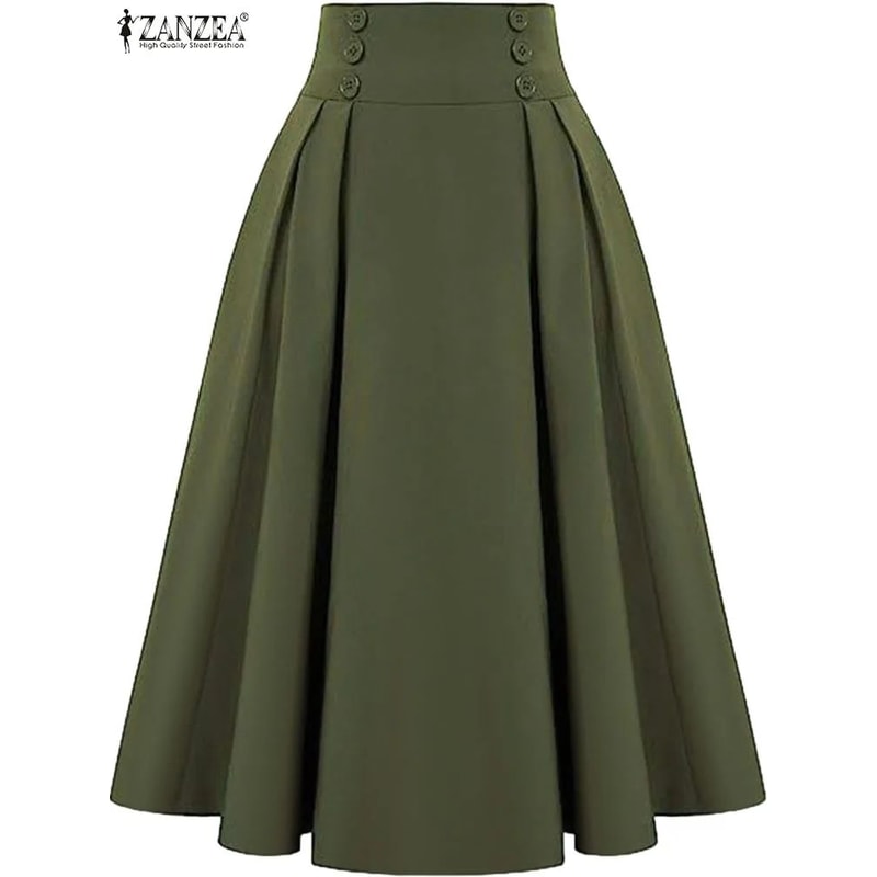 ZANZEA Vintage HighWaisted Pleated ALine Maxi Skirt Elegant Solid Long Summer Skirt 2