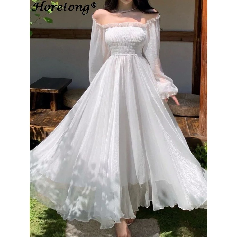 Elegant White OffShoulder Maxi Party Gown Flowy Ruffle Holiday Dress 0