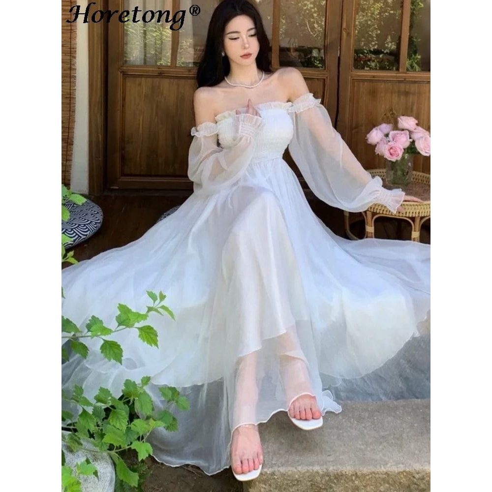 Elegant White OffShoulder Maxi Party Gown Flowy Ruffle Holiday Dress 5