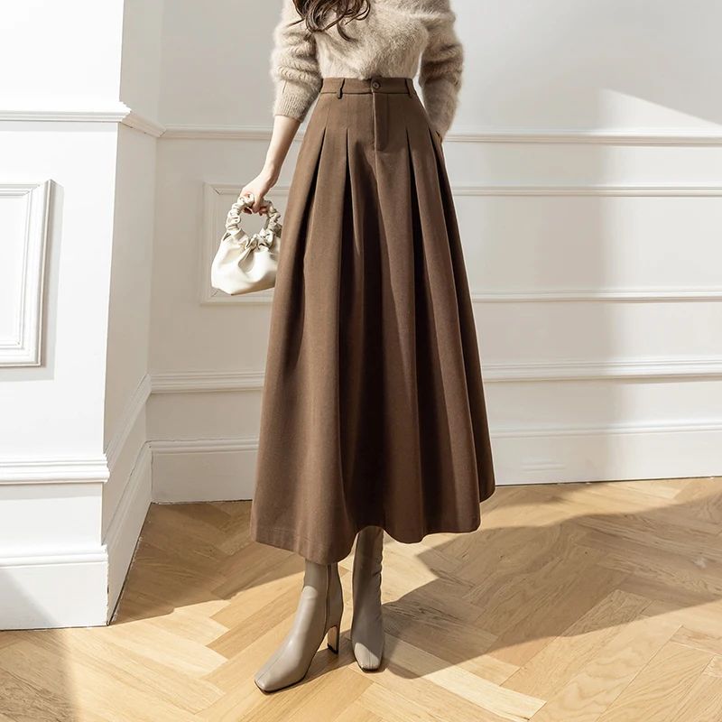 Elegant ALine Woolen Maxi Skirt High Waist Pleated Long Winter Skirt For Women 0