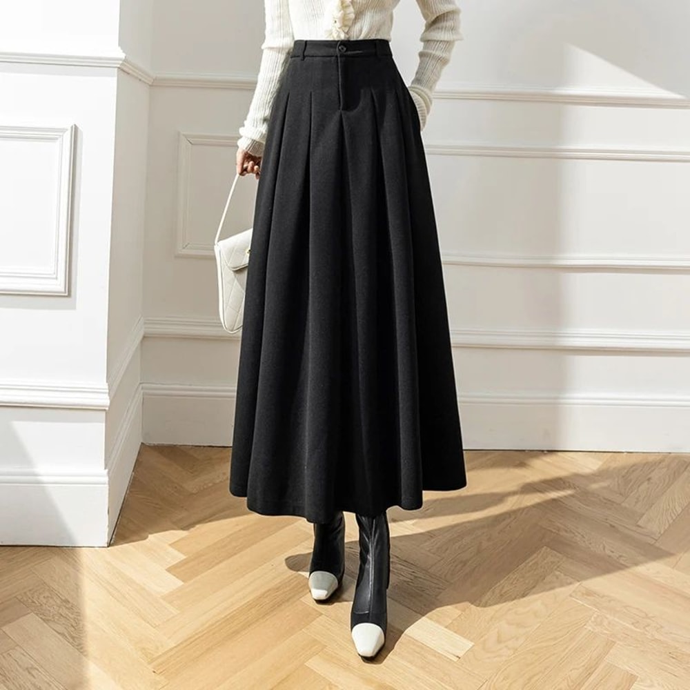 Elegant ALine Woolen Maxi Skirt High Waist Pleated Long Winter Skirt For Women 1