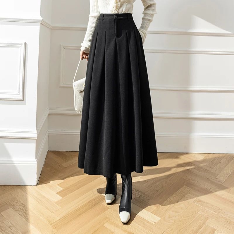 Elegant ALine Woolen Maxi Skirt High Waist Pleated Long Winter Skirt For Women 1